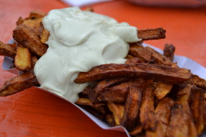 Pumpkin fries with an amazing garlicy quark concoction slathered on top!