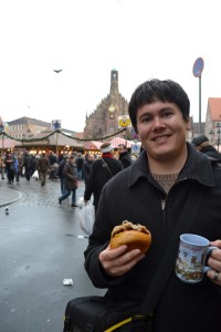Enjoying a Frikadellen Semmel and some warm Gluewein!